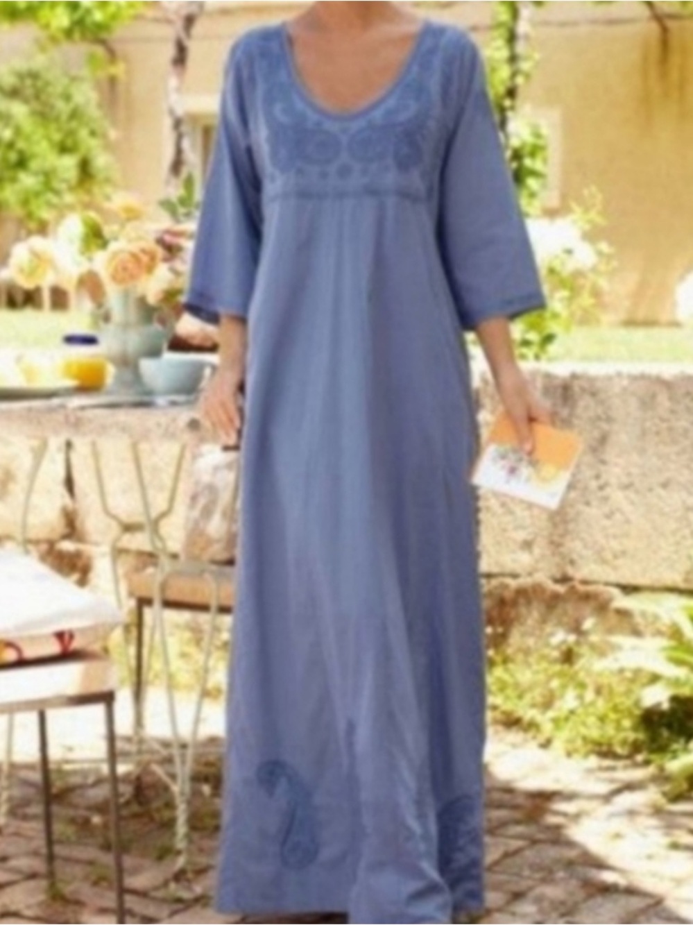 Soft Surroundings Maxi Dress Periwinkle Blue Cotton Embroidered 100% Cott Caftan